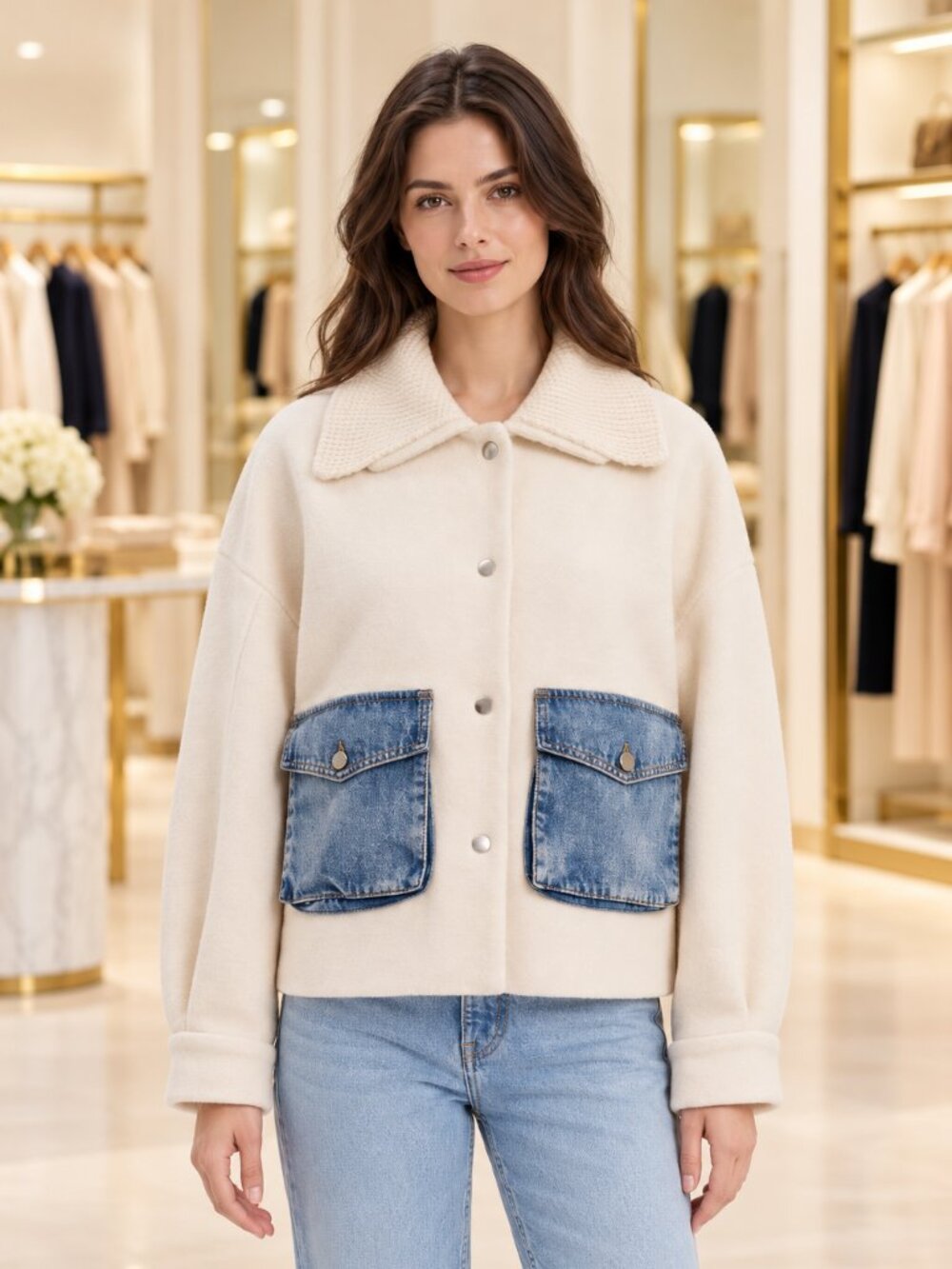 MDM69. Cream Oversized Jacket with Denim Pockets & Knit Detachable Collar